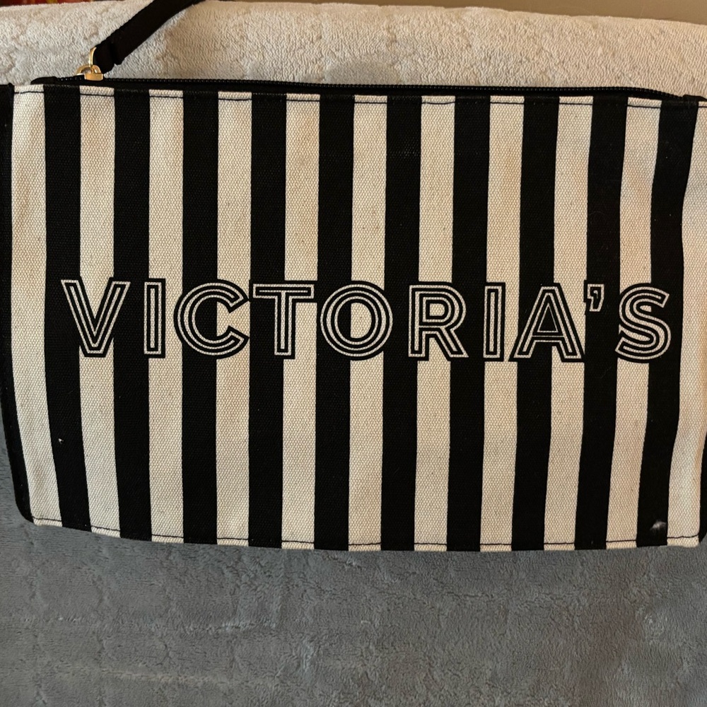 Victoria Black and White Striped Cosmetic Bag